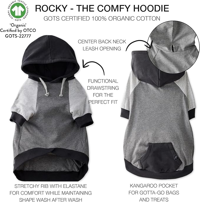 Pet Passion Rocky – The Original Lightweight Hooded Tee 100% Organic Cotton Dog Hoodie Pet Coat Sweater for All Sized Dogs, Original Black Color Block, Small (10-25 lbs)