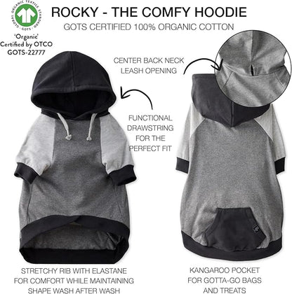 Pet Passion Rocky – The Original Lightweight Hooded Tee 100% Organic Cotton Dog Hoodie Pet Coat Sweater for All Sized Dogs, Original Black Color Block, X-Small (5-12 lbs)
