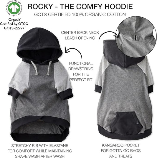 Pet Passion Rocky – The Original Lightweight Hooded Tee 100% Organic Cotton Dog Hoodie Pet Coat Sweater for All Sized Dogs, Original Black Color Block, X-Small (5-12 lbs)