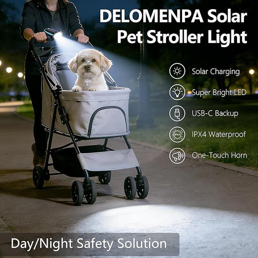 Pet Stroller Light, Solar Powered LED Light for Dog Stroller, Cat Stroller, Wagon – 3 Modes (S/H/F) with Safety Horn, USB Rechargeable, IPX4 Waterproof, Wrap & Hook Strap for Easy Attachment