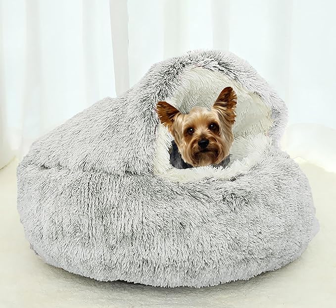 Dog Cave Bed for Small Dogs Cats Pets, Anti Anxiety Calming Plush Dog Beds, Fluffy Covered Hooded Cozy Burrow Puppy Beds, Anti-Slip Bottom Washable Pet Sleeping Bag (20" D, Coffee)