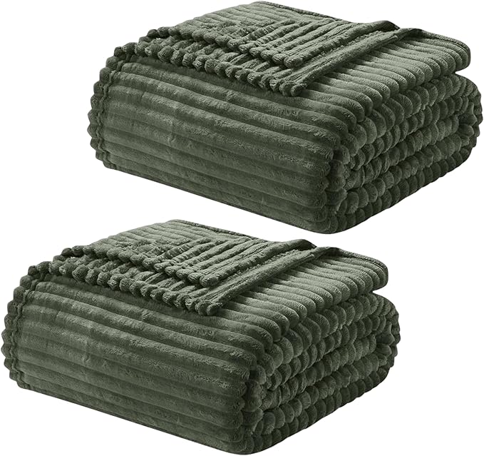 Nestl Green Throw Blanket for Couch - Cozy Warm Fuzzy Blankets for Women, Set of 2 Small Fleece Throws for Girls - Olive Green, 50 x 60 Inches