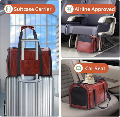 Lasaviin Fashion Leather Dog Carrier Cat Carrier Airline Approved Pet Carrier for Small Medium Dogs Cats Under 15Lbs, Collapsible Soft Sided Travel Puppy Carrier Coffee