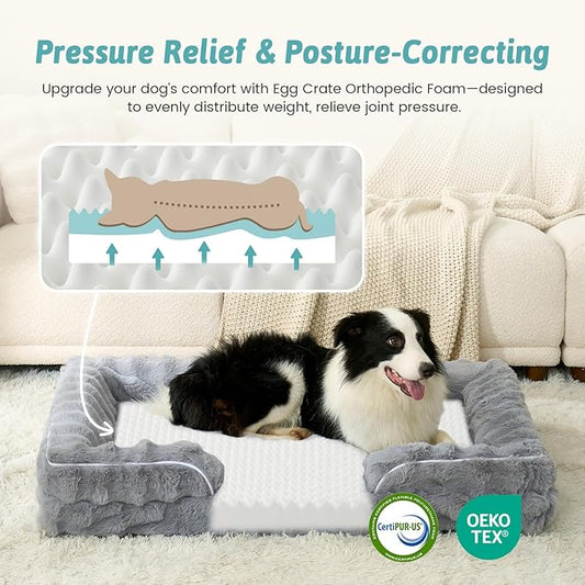 COZY KISS Orthopedic Dog Bed for Extra Large Dog 44x32 inch, XL Faux Fur Pet Sofa, Bolster Foam Bed with Sides, Non-Slip and Egg-Crate Big Dog Couch Bed with Washable Removable Cover, Grey