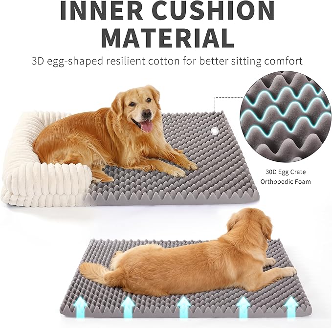 Waterproof Dog Bed for Small and Medium Dogs, Orthopedic Support with Removable Washable Cover, Egg Crate Foam & Stripe Faux Rabbit Fur, 32x20x3 Inches, Gray