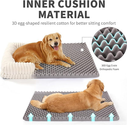 Waterproof Dog Bed for Small and Medium Dogs, Orthopedic Support with Removable Washable Cover, Egg Crate Foam & Stripe Faux Rabbit Fur, 32x20x3 Inches, Gray