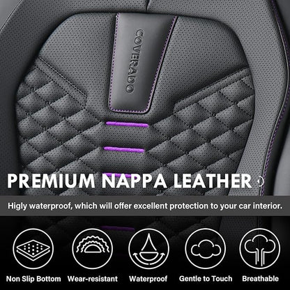 Coverado Car Seat Covers Front Seats, Nappa Leather Black&Purple Car Seat Cover, Automotive Seat Covers, Waterproof Driver Seat Protector, 2 Pack Front Seat Cover Car Seat Cushion Fit for Most Cars