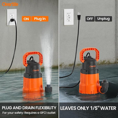 Submersible Utility Water Pump, 2160 GPH Portable Sump Pump with Copper Motor, Plug and Work for Pond, Garden Watering, Pool Transfer, or Hot Tub Emptying