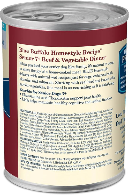 Blue Buffalo Homestyle Recipe Senior Wet Dog Food, Made with Natural Ingredients, Beef Dinner with Garden Vegetables, 12 Pack