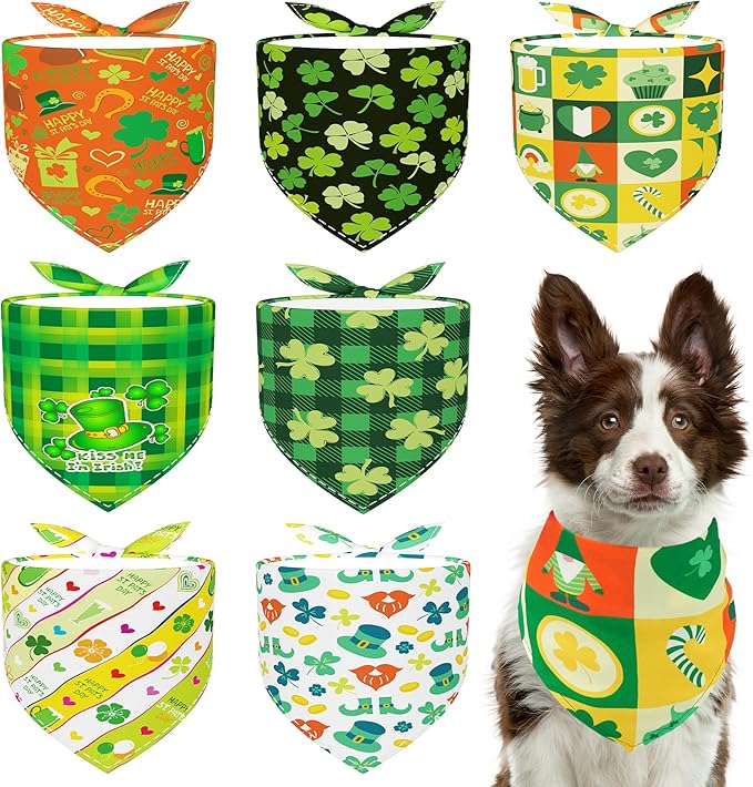 St Patricks Day Dog Bandanas for Large Dogs 7 Pcs Sewing Hemming Dogs Bandanas 33 Inch Shamrocks Scarves Grooming L
