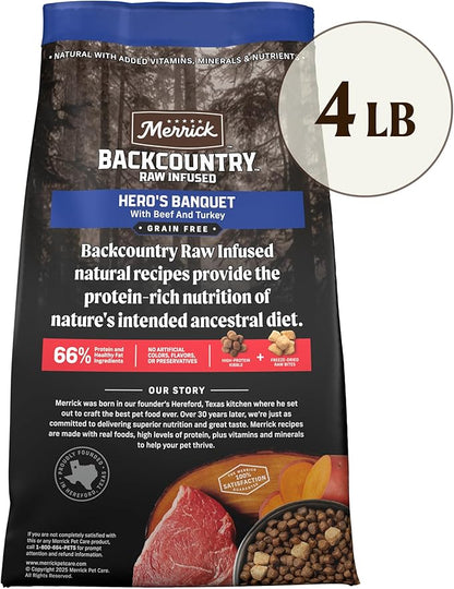 Merrick Backcountry Grain Free Dry Adult Dog Food, Kibble With Freeze Dried Raw Pieces, Hero’s Banquet Recipe - 4.0 lb. Bag