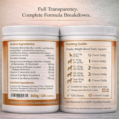 wikiRay Probiotics for Dogs – Soft Chews for Digestive Health & Immunity | 120 Chews | 3 Billion CFU, Pumpkin, Enzymes, Vitamins & Prebiotics | Made with Natural Ingredients