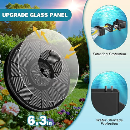 SZMP Solar Fountain for Bird Bath Spraying Water on Cloudy Day, Solar Water Fountain Pump Outdoor Garden 3.5W Black Glass Panel with 2000mAh Battery Replaceable Nozzles
