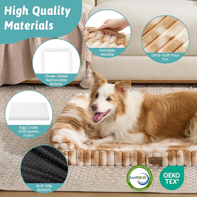 COZY KISS Cute Dog Bed for Large Dogs, Faux Rabbit Fur Orthopedic Foam Dog Bed with Sides, Removable Washable Cover & Waterproof Lining, Comfortable Pet Couch, Tie-Dye Brown (44" L x 32" W x 7" Th)