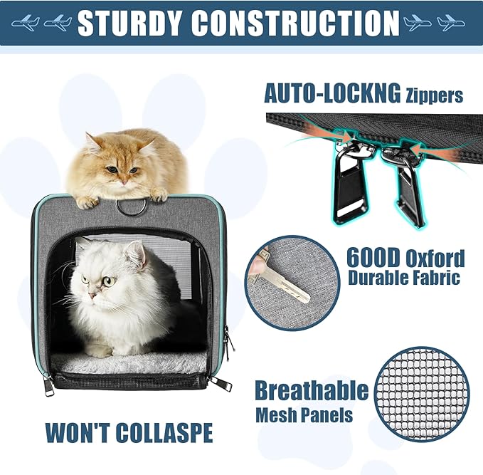 GAPZER Cat Carrier Alaska Airline TSA Approved 17x11x9.5 Soft-Sided Small Pet Air Travel Carry Bag, Southwest Airplane Kitten 12lbs Crate in Cabin Under-Seat Traveling Cage Tiny Dog Under 8 Pound