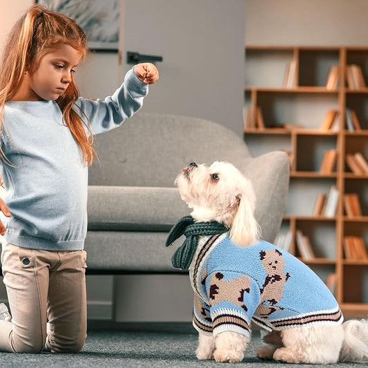 ABRRLO Small Dog Sweaters Cute Bear Dog Cardigans Clothes for Small Medium Dogs Boy Girl Puppy Cat Knitting Cardigan Outfits Dogs Winter Coats Warm Pet Doggy Clothes Soft Knitwear Apparel (Blue,XL)