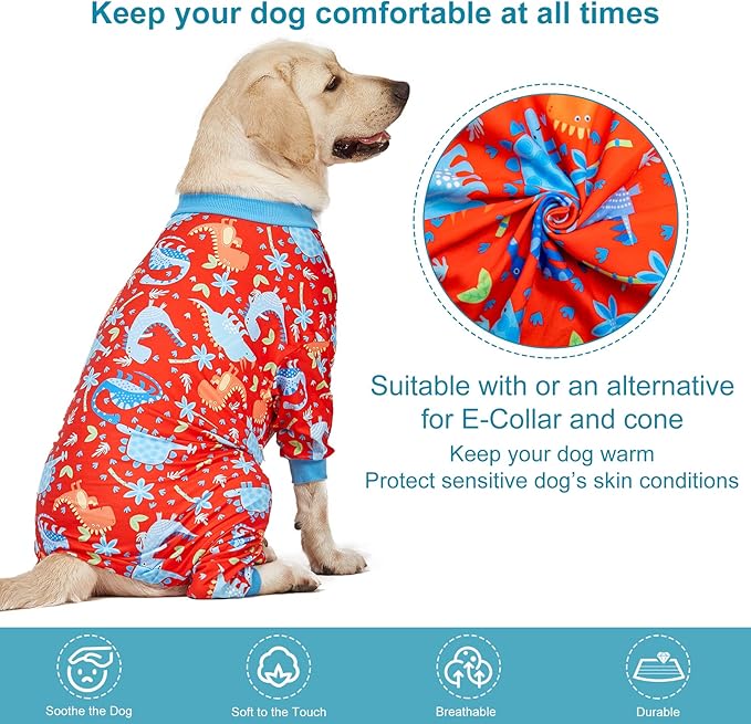LovinPet Pitbull Dog Pajamas, Large Dog Onesies for Surgery Care, Lightweight Stretchy Knit Fabric, Dinosaur Jungle Red Print, Pet Clothes, UV Protection, Pet Anxiety Relief, PJ's for Dogs, M