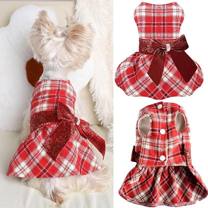 Yikeyo Dog Sweater Dress,Dog Dresses for Small Dogs Girl Fleece Lining Warm Winter Dress Sequins Bow Knot Plaid Clothes Pet Coats Cat and Puppy Holiday Outfit Costume XS, Red
