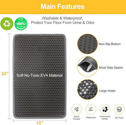 LeToo Cat Litter Mat Grey Trapping for Litter Box, No Slip & Large, Urine & Waterproof, Honeycomb Double Layer Anti Tracking Kitty Mats, No Phthalate, Washable Easy Clean (24" x 15", Grey)