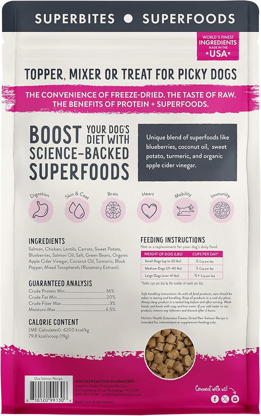Health Extension SuperBites Freeze-Dried Raw Salmon Meal Mixer for Dogs, (12oz, 340.2 g) – Premium Blend with Raw Proteins and Superfoods for Optimal Nutrition