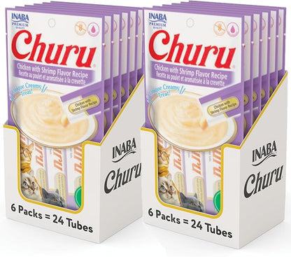 INABA Churu Cat Treats, Grain-Free, Lickable, Squeezable Creamy Purée Cat Treat/Topper with Vitamin E & Taurine, 0.5 Ounces Each Tube, 48 Tubes (4 per Pack), Chicken with Shrimp Recipe