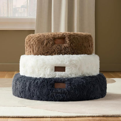 Town & Country Luxe CuddleTown Fuzzy Solid Donut Pet Bed, Soft, Cozy & Calming, Non-Slip Bottom, 100% Machine Washable, Brown, Medium 28"x28"x7" Round