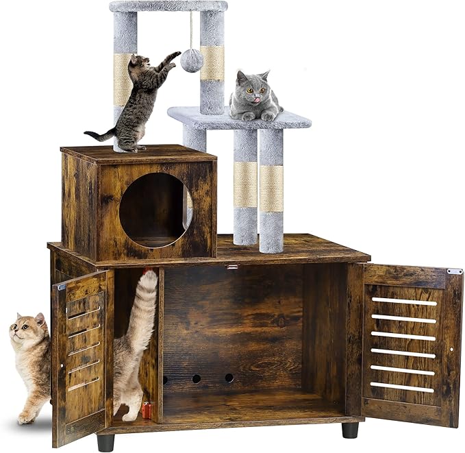 EasyCom Litter Box Enclosure, Hidden Cat Tree Tower Furniture for Indoor House, All-in-one Wooden Cat Litter Cabinet with Scratching Post and Condo, Rustic Brown