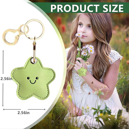 Leather Keychain Holder Case Compatible with AirTag,Cute Protective Cover with Keyring,Anti-Scratch Finder GPS Tracker Case for Wallet Keys,Bag,Pets,Backpack(Green Star)