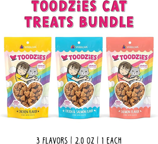 Bundle of Weruva BFF Toodzies Crunchy Cat Treats: Chicken, Chicken & Salmon, and Salmon Crunchy Cat Treats, 2oz Bags