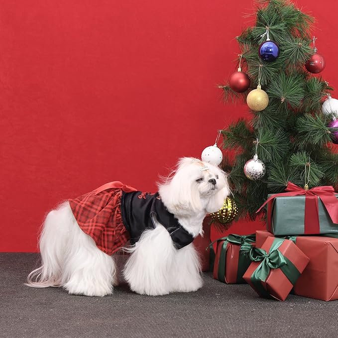 CuteBone Christmas Dog Dresses Velvet Holiday Small Dogs Clothes Onesie Pet Apparel Girl Puppy Skirt with Bow Hair Rope CVA59L-D
