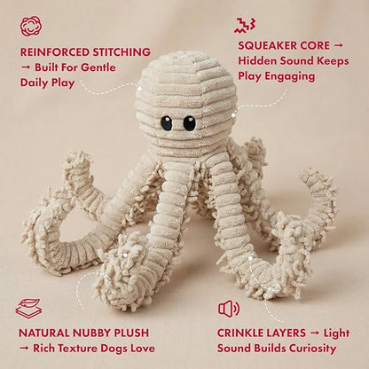 Pet Lou 18 Inch Octopus Plush Dog Toy with Squeaker and Crinkle Paper, 100% Natural Nubby Durable Plush Squeaky Toy for Indoor and Outdoor Play