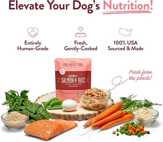 Portland Pet Food Company Fresh Dog Food Pouches Human-Grade Toppers Wet Pet Meal & Mix-Ins - Gluten-Free Limited Ingredient Wally’s Salmon N’ Rice - Large & Small Breed, Puppy to Senior - 5 Pack
