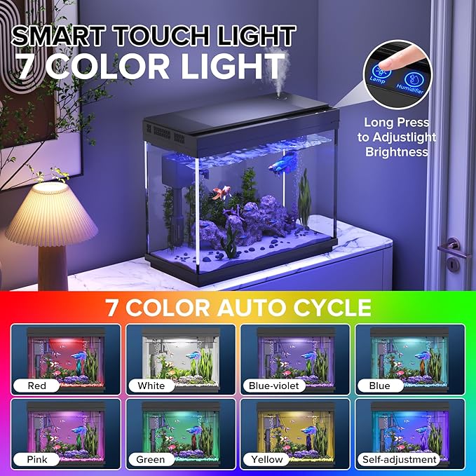 Vehipa Fish Tank, 2.4 Gallon Fish Aquarium, Fish Tank Starter kit with Smart Humidifier, Temperature Display, 7-Color Lighting, 3 in 1 Quiet Pump with Filteration & Oxygenation & Circulation