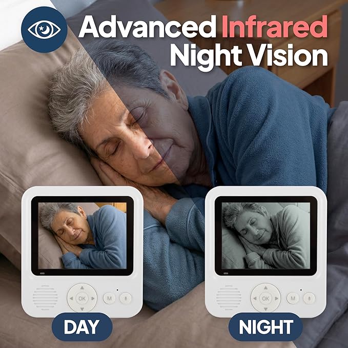 Smart Caregiver Video Monitor for Elderly Care and Caregivers, Portable, Rechargeable, Infrared Night Vision, Secure Connection, No WiFi