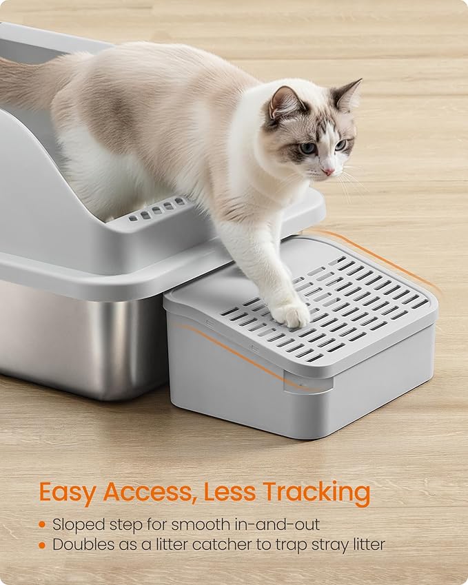 Feandrea 2 Pack Stainless Steel Cat Litter Boxes with Open Top, High Sided Litter Trays with Step, Scoop, Brush, for Cats up to 33 lb, Light Gray UPPT012GD01