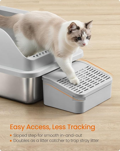 Feandrea 2 Pack Stainless Steel Cat Litter Boxes with Open Top, High Sided Litter Trays with Step, Scoop, Brush, for Cats up to 33 lb, Light Gray UPPT012GD01