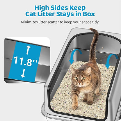 Stainless Steel Cat Litter Box, 19.7" L x 13.8" W x 11.8" H Large Semi Enclosed Removable Metal Litter Tray with High Sided Enclosure, Scoop, Anti-Leakage, Non-Sticky, Easy Cleaning