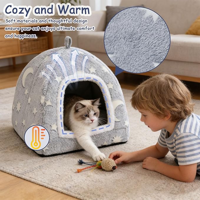 Cat Bed Cave,Cat Tents for Indoor Cats,Cute Cozy Tent for Kitten and Small Pet with Removable Washable Cushion Pillow Gatos Hideaway Beds 2 in 1 Enclosed House Soft Plush Stuff Camas