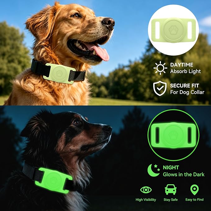 GOCII for Airtag Dog Collar Holder 2 Pack,Waterproof Dog Collar Holder for Apple AirTag(Gen 1 & 2),Silicone Air Tags Case for Dog Collars(Glow Green)