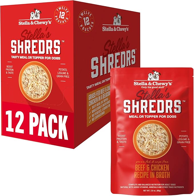 Stella & Chewy's Grass Fed Beef & Chicken Shredrs - Premium Dog Food Pouches - Perfect For Picky Eaters - 12 Pack, 2.8oz Each