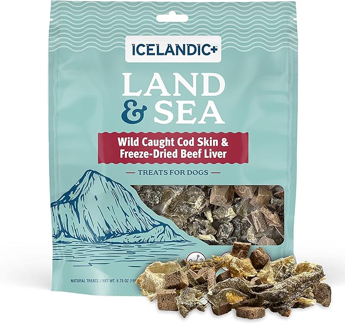 Icelandic+ Land & Sea Wild Caught Cod Skin & Freeze-Dried Beef Liver - 6.75oz Bag, Dog Treat & Food Topper, 2 Ingredients, No Preservatives, Natural
