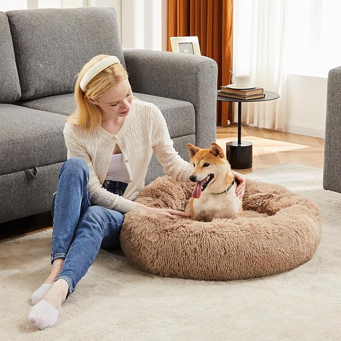 Sweetcrispy 30.7"x30.7" Donut Dog Bed, Large Round Calming Cat Bed with Washable Waterproof Cushion, Anti-Anxiety & Anti-Slip Fluffy Cuddle Cozy Faux Fur Plush for Pet Puppy Indoor Sleeping, Brown
