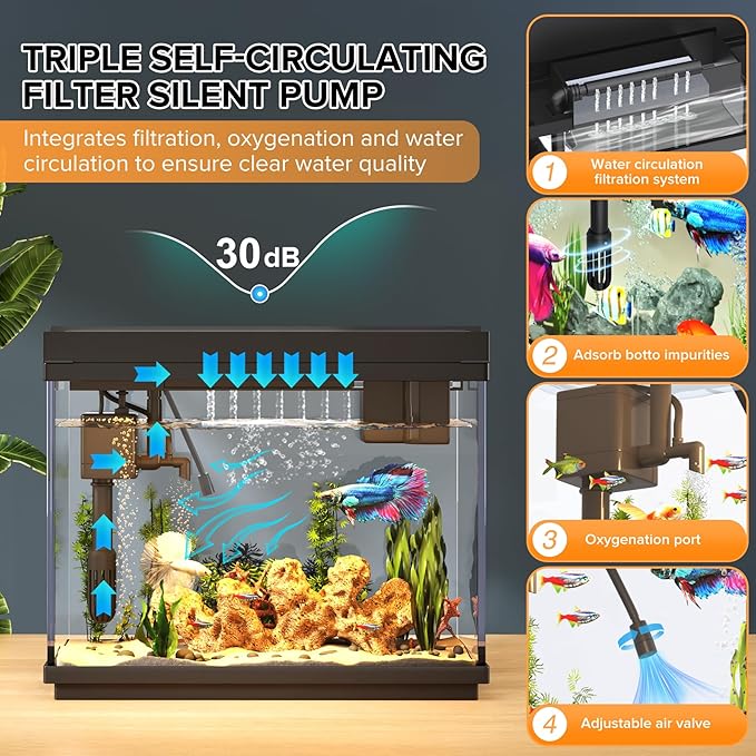 Vehipa Fish Tank, 2.4 Gallon Fish Aquarium, Fish Tank Starter kit with Smart Humidifier, Temperature Display, 7-Color Lighting, 3 in 1 Quiet Pump with Filteration & Oxygenation & Circulation