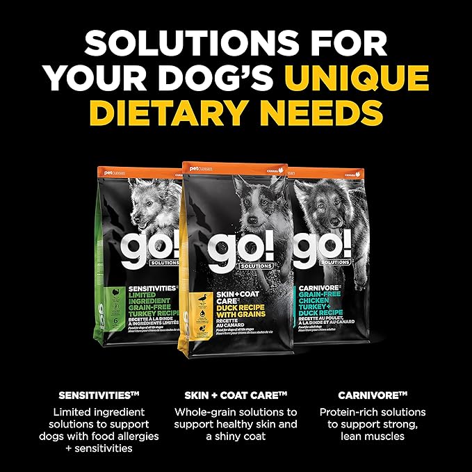 Go! Solutions Skin + Coat Care Duck Dry Dog Food with Grains, Chicken-Free, Healthy Kibble with Omega-3s & 6s for Soft, Shiny Fur, for Puppies, Adults, & Seniors, 3.5 lb Bag