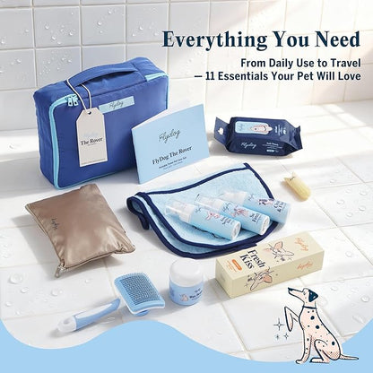 FlyDog The Rover Pet Travel Bag - 11 Piece Dog Grooming Kit with Shampoo, Conditioner, Paw Cream, Toothpaste & Toothbrush, and More, Dog Camping Essentials for Hiking and Outdoor Adventures