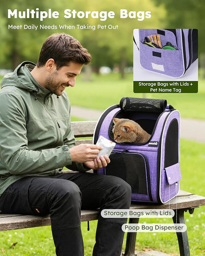 Pecute Cat Backpack Carrier Expandable, Pet Backpack for Cats & Small Dogs Up to 11lbs, with 4-Side Breathable Mesh, Multi-Entry & Lockable Zippers for Travel, Hiking, Camping - Hands Free, Purple