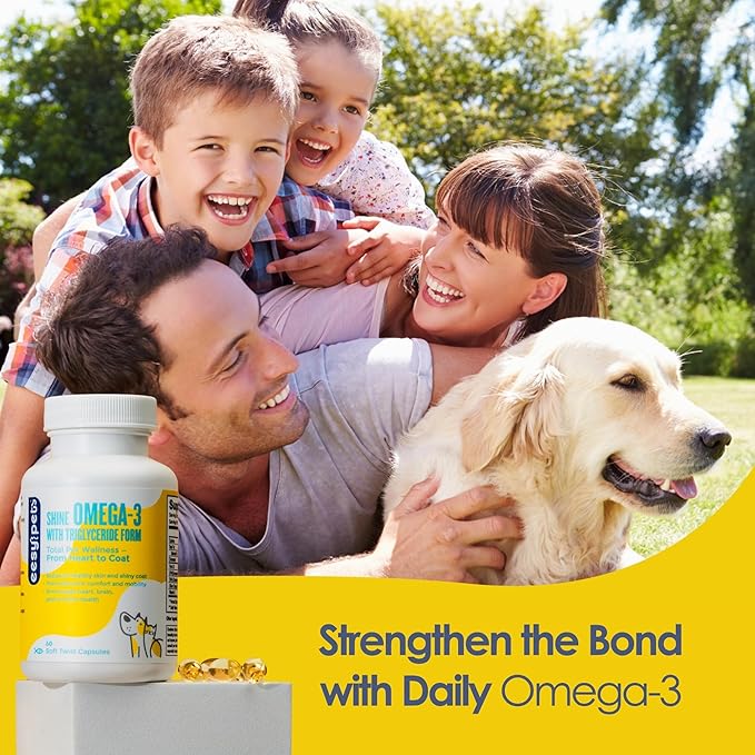 Shine Omega-3 Fish Oil for Dogs & Cats, Human Grade EPA & DHA in Triglyceride (TG) Form, Supports Skin & Shiny Coat, Joint Comfort, Heart, Brain & Immune Health, 60 Twist Capsules, USA Made