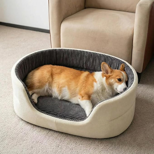 Medium Dog Bed Cat Bed 18x26 Inch, Calming Pet Bed for Small Dogs & Cats, Half-Enclosed Open-Top Velvet Anti-Anxiety Bed, Machine Washable Cozy Snuggle Bed (White)