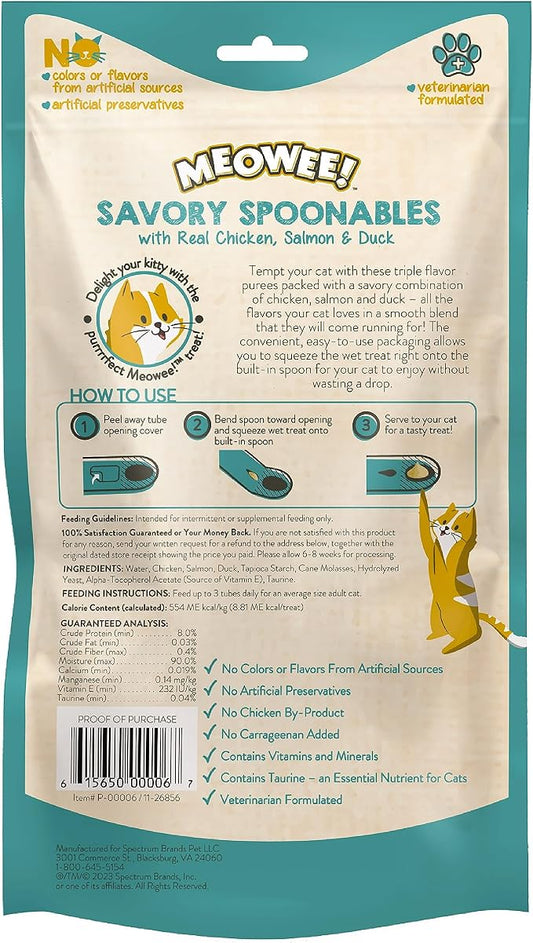 MEOWEE! Savory Spoonables with Real Chicken, Salmon and Duck for Cats, 8 Count, Treat Your Cat to Triple Flavor Squeezable Lickable Wet Treats with Built-in Spoon for Less Mess
