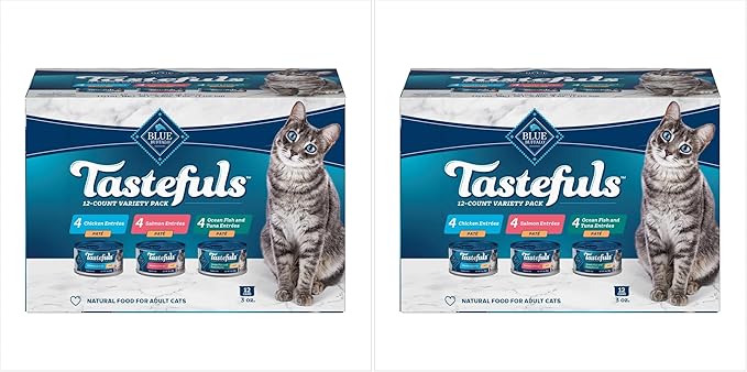 Blue Buffalo Tastefuls Natural Pate Wet Cat Food Variety Pack, Salmon, Chicken,Ocean Fish & Tuna Entrées 3-oz Cans (4 of Each Flavor), (Pack of 24)